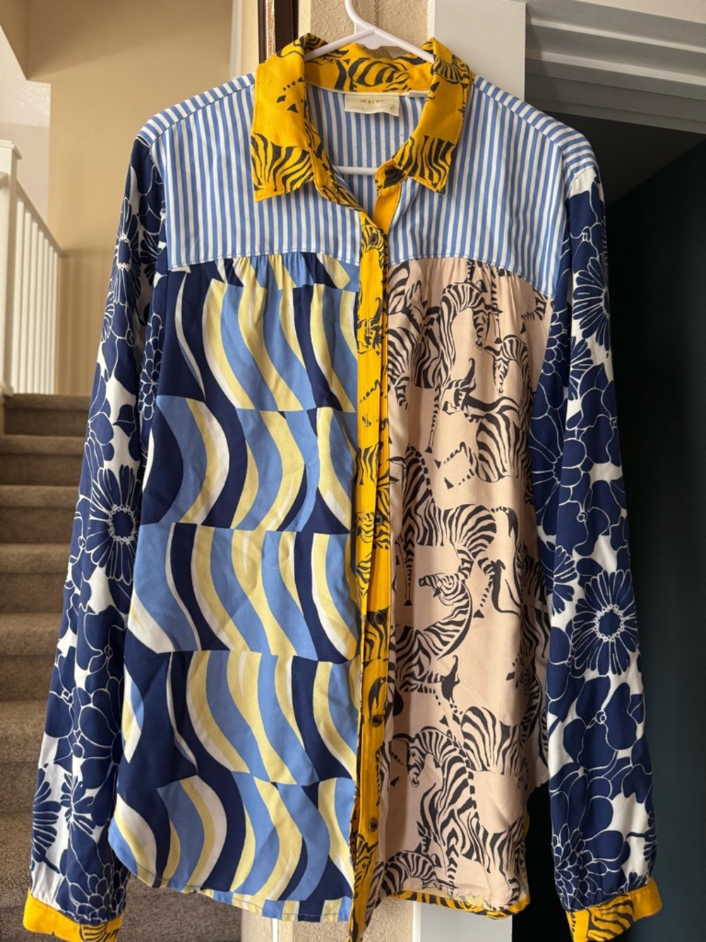 Maeve Anthropologie Mixed-Print Button-Up Shirt with Blue, Yellow & Cream Panels